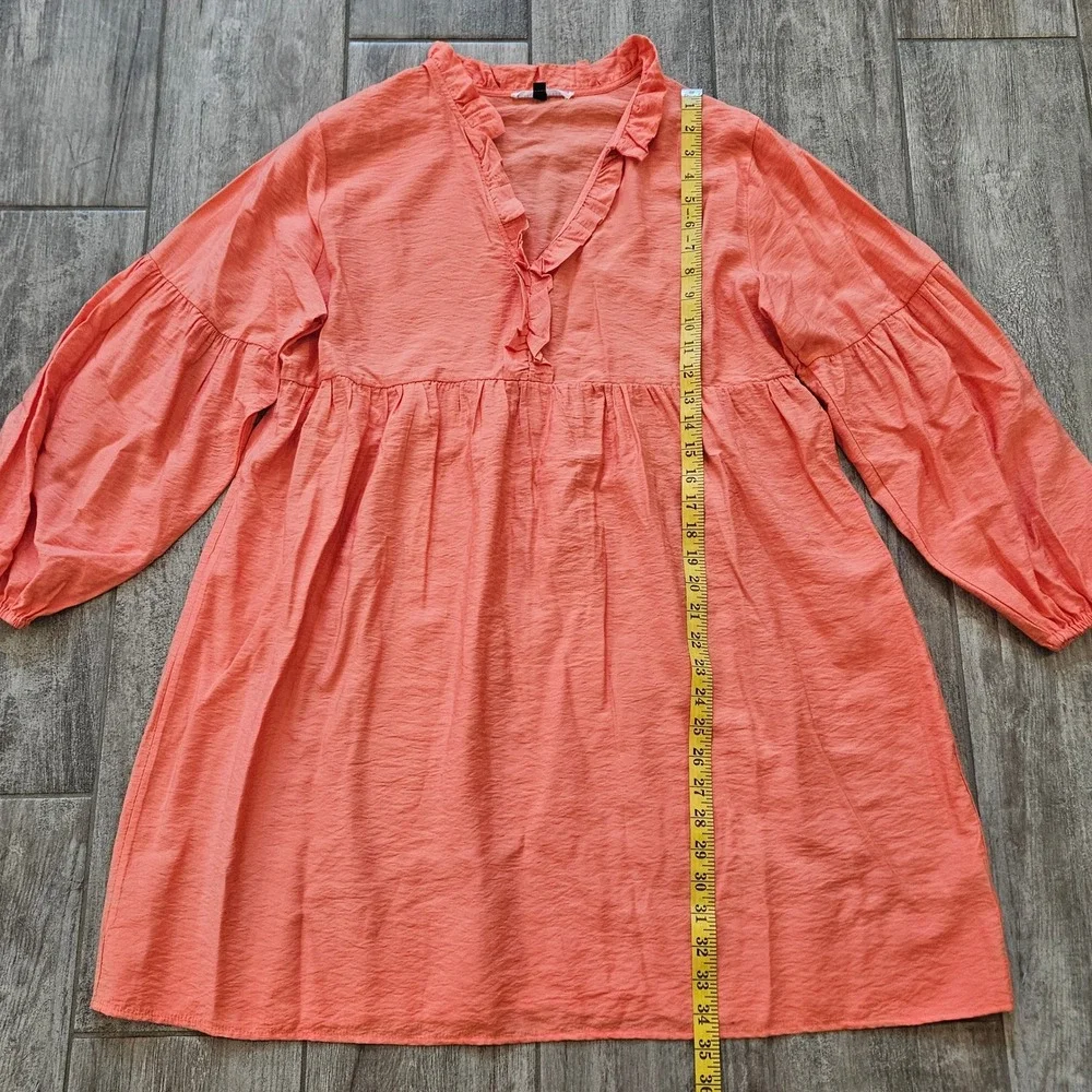 Michelle McDowell Tunic Dress Size L Coral Ruffle Neck Balloon Sleeve Girly Boho